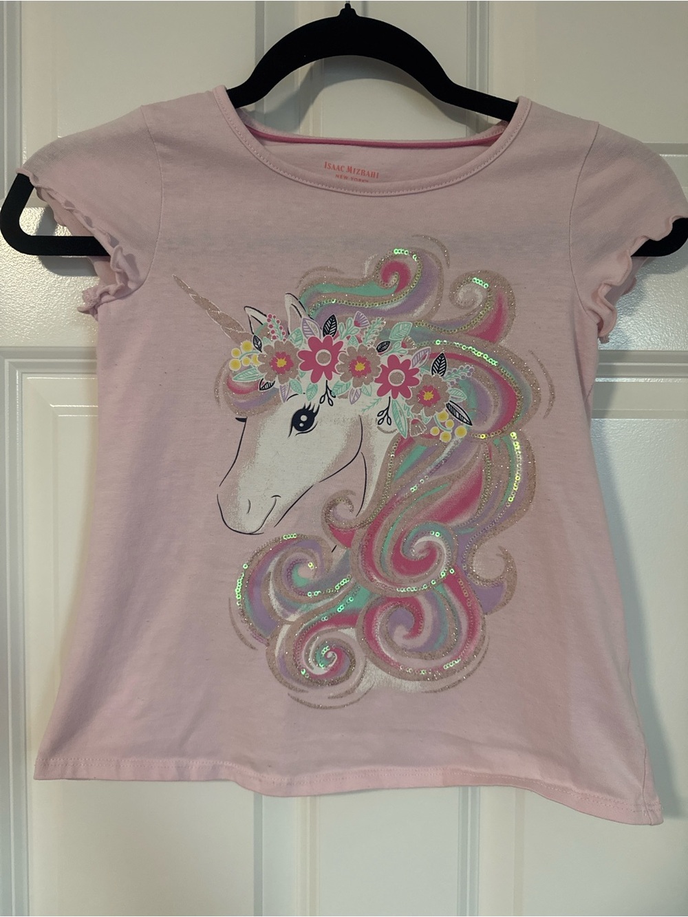 Isaac Mizrahi Pink Unicorn Sequin Floral Tee